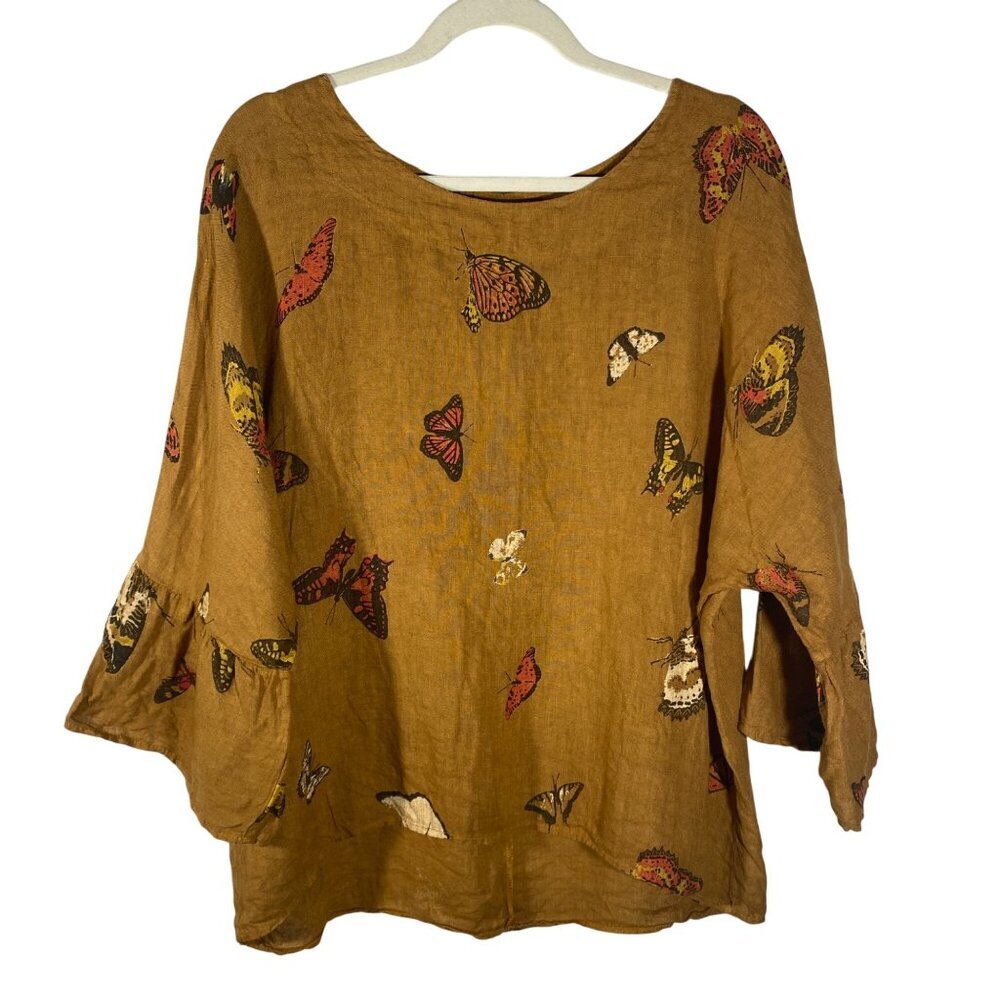 Linen art to wear Butterfly Print Tunic Top M Made In Italy artsy lightweight